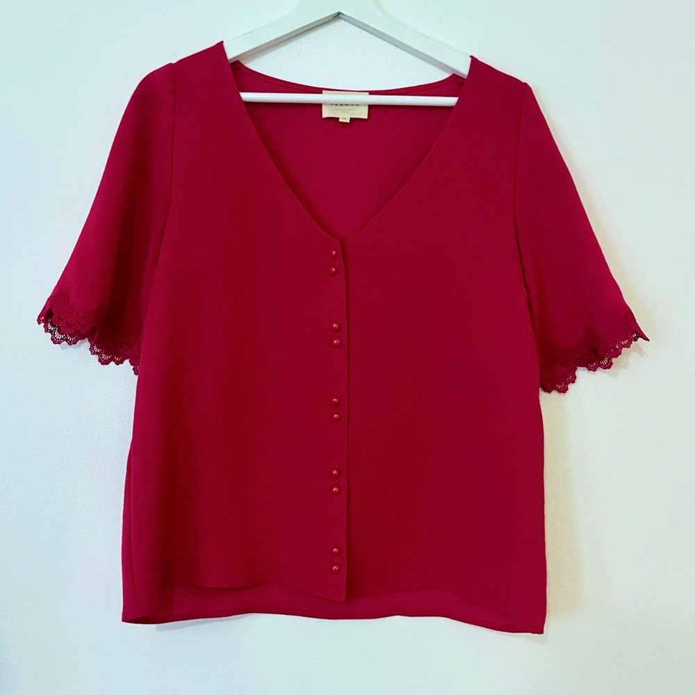 Sezane Aretha Raspberry Red Lace Trimmed V Neck Top
